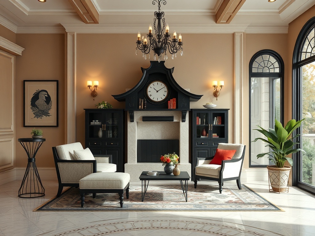 Современная гостиная с элегантной мебелью, камином и большими окнами, наполняющими пространство светом.