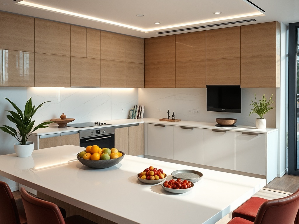 Современная кухня с деревянными шкафами, белыми поверхностями и фруктами на столе. Яркое освещение и растения.