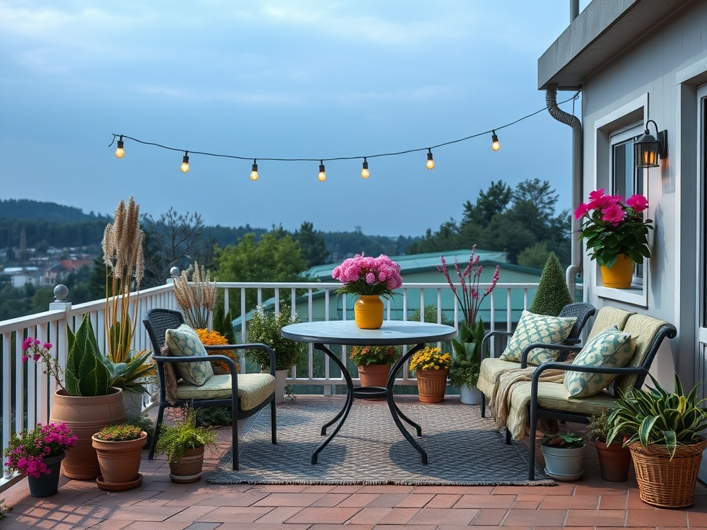 Уютный балкон с цветами, креслами и столом, украшенный гирляндами, вечерний закат на горизонте.