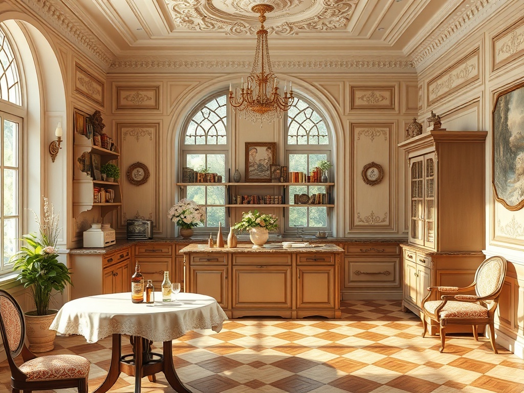 Красивая кухня в классическом стиле с изящными деталями, столом и уютными стульями. Светлое помещение с окнами.