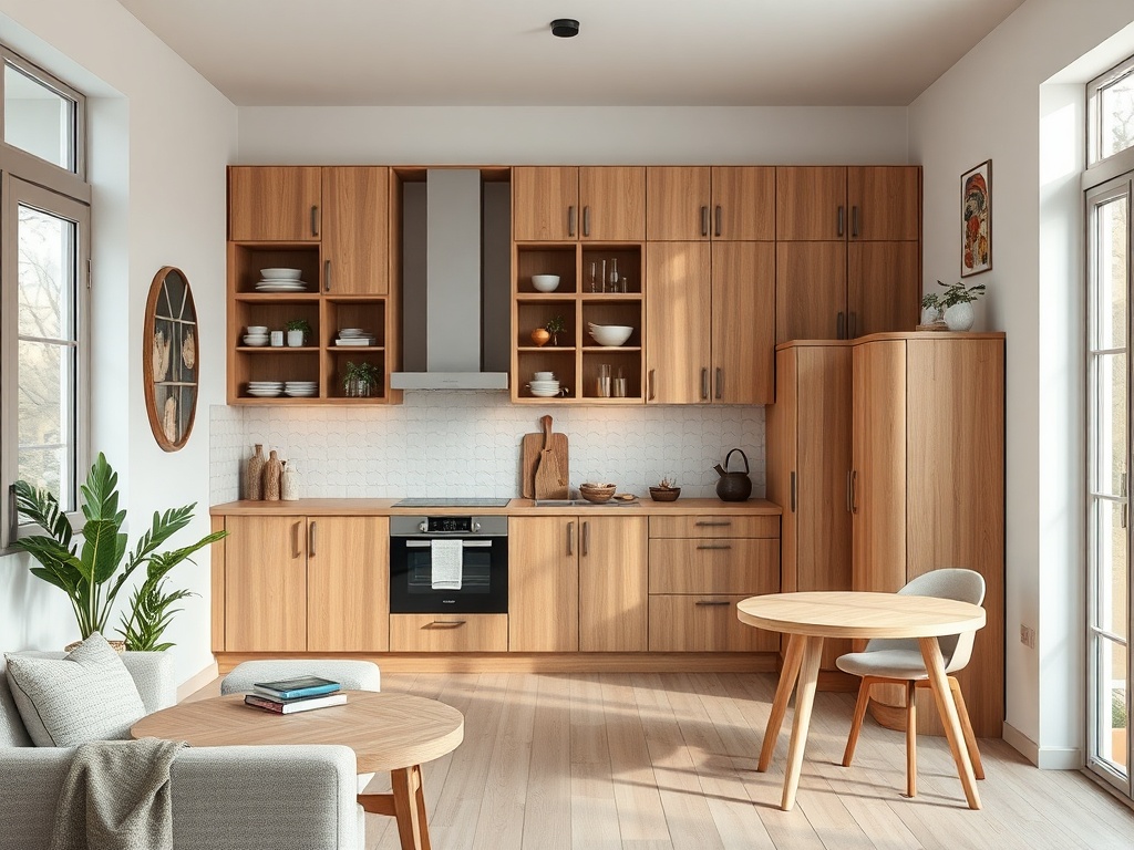 Современная кухня с деревянными шкафами, столом и растением рядом, оформленная в светлых тонах.