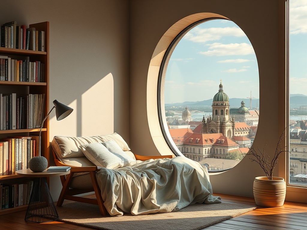 Уютный уголок с креслом и большой круглой окнами, открывающими вид на город и крышу зданий.